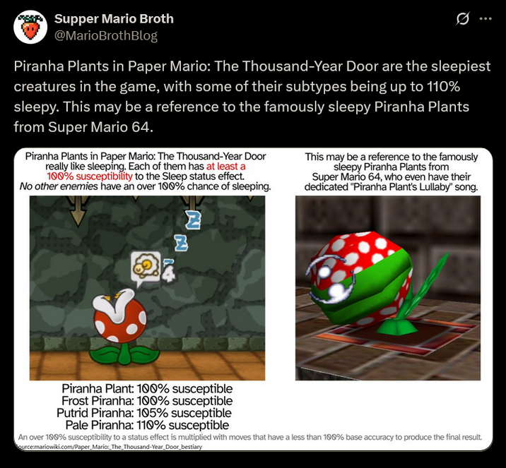 Supper Mario Broth @MarioBrothBlog 0 Piranha Plants in Paper Mario: The Thousand-Year Door are the sleepiest creatures in the game, with some of their subtypes being up to 110% sleepy. This may be a reference to the famously sleepy Piranha Plants from Super Mario 64. Piranha Plants in Paper Mario: The Thousand-Year Door really like sleeping. Each of them has at least a 100% susceptibility to the Sleep status effect. No other enemies have an over 100% chance of sleeping. 2 This may be a reference to the famously sleepy Piranha Plants from Super Mario 64, who even have their dedicated "Piranha Plant's Lullaby" song. Piranha Plant: 100% susceptible Frost Piranha: 100% susceptible Putrid Piranha: 105% susceptible Pale Piranha: 110% susceptible An over 100% susceptibility to a status effect is multiplied with moves that have a less than 100% base accuracy to produce the final result. ource:mariowiki.com/Paper Mario The Thousand-Year Door_bestiary