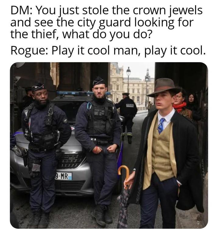 DM: You just stole the crown jewels and see the city guard looking for the thief, what do you do? Rogue: Play it cool man, play it cool. 9-MR POLKE