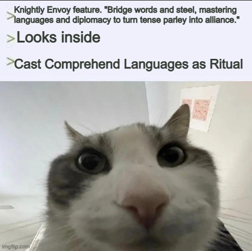 Knightly Envoy feature. "Bridge words and steel, mastering languages and diplomacy to turn tense parley into alliance." >Looks inside >Cast Comprehend Languages as Ritual imgflip.com