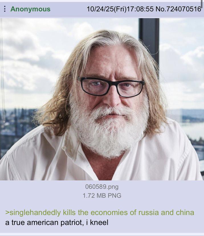 Anonymous 10/24/25(Fri)17:08:55 No.724070516 060589.png 1.72 MB PNG >singlehandedly kills the economies of russia and china a true american patriot, i kneel