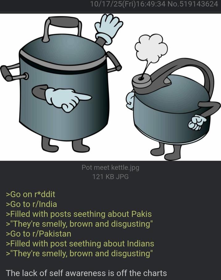 10/17/25(Fri)16:49:34 No.519143624 Pot meet kettle.jpg 121 KB JPG >Go on r*ddit >Go to r/India >Filled with posts seething about Pakis >"They're smelly, brown and disgusting" >Go to r/Pakistan >Filled with post seething about Indians >"They're smelly, brown and disgusting" The lack of self awareness is off the charts