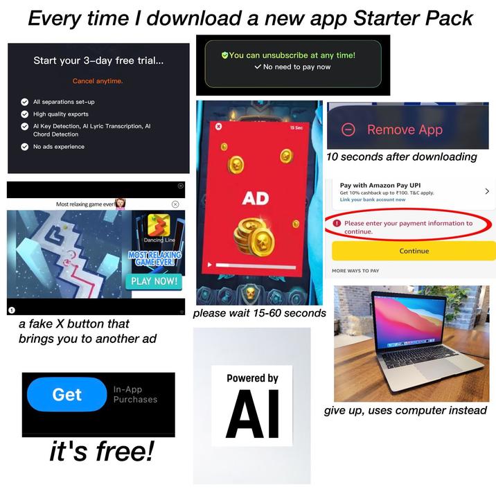 Every time I download a new app Starter Pack Start your 3-day free trial... Cancel anytime. All separations set-up High quality exports Al Key Detection, Al Lyric Transcription, Al Chord Detection No ads experience You can unsubscribe at any time! ✓ No need to pay now 15 Sec Remove App 10 seconds after downloading Most relaxing game ever! Dancing Line MOST RELAXING GAME EVER! PLAY NOW! AD a fake X button that brings you to another ad please wait 15-60 seconds Get In-App Purchases it's free! Powered by AI Pay with Amazon Pay UPI Get 10% cashback up to 100. T&C apply. Link your bank account now ①Please enter your payment information to continue. MORE WAYS TO PAY Continue give up, uses computer instead >