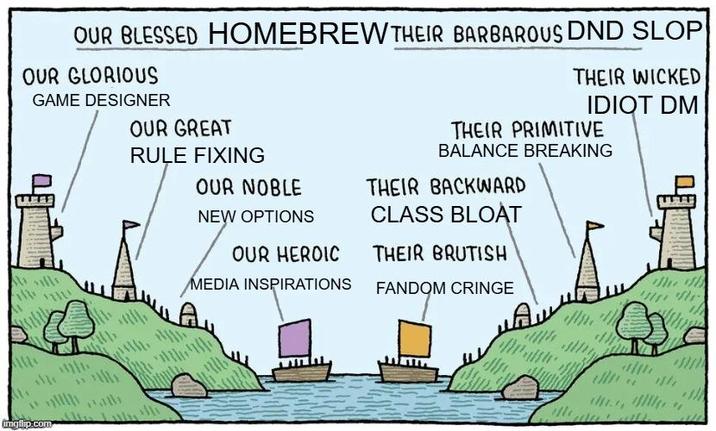 OUR BLESSED HOMEBREW THEIR BARBAROUS DND SLOP OUR GLORIOUS GAME DESIGNER OUR GREAT THEIR WICKED IDIOT DM THEIR PRIMITIVE BALANCE BREAKING imgflip.com RULE FIXING OUR NOBLE NEW OPTIONS OUR HEROIC MEDIA INSPIRATIONS THEIR BACKWARD CLASS BLOAT THEIR BRUTISH FANDOM CRINGE the