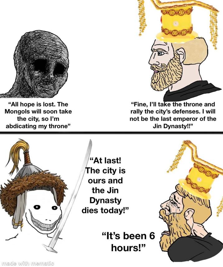 "All hope is lost. The Mongols will soon take the city, so I'm abdicating my throne" "Fine, I'll take the throne and rally the city's defenses. I will not be the last emperor of the Jin Dynasty!!" made with mematic "At last! The city is ours and the Jin Dynasty dies today!" "It's been 6 hours!"