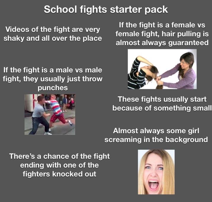 School fights starter pack Videos of the fight are very shaky and all over the place If the fight is a female vs female fight, hair pulling is almost always guaranteed If the fight is a male vs male fight, they usually just throw punches These fights usually start because of something small Almost always some girl screaming in the background There's a chance of the fight ending with one of the fighters knocked out