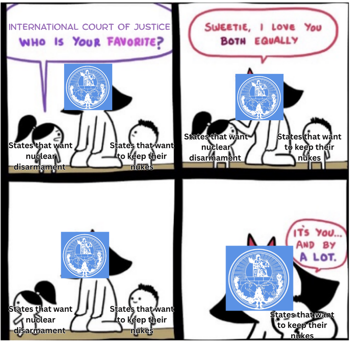 INTERNATIONAL COURT OF JUSTICE WHO IS YOUR FAVORITE? SWEETIE, I LOVE YOU BOTH EQUALLY States that want nuclear disarmament States that want to keep their nukes States that want nuclear disarmament States that want to keep their nukes IT'S YOU... AND BY A LOT. States that want nuclear disarmament States that want to keep their nukes States that want to keep their nukes