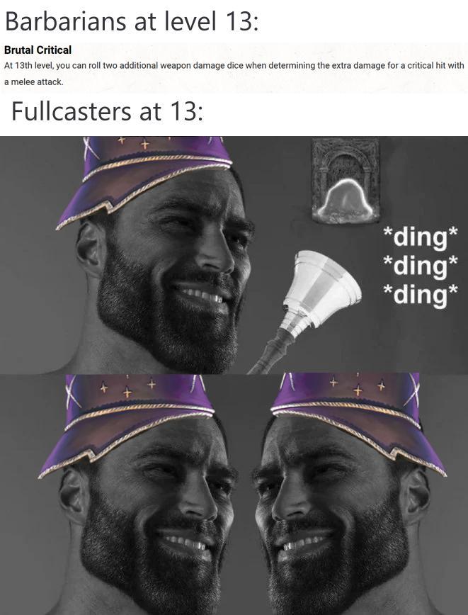 Barbarians at level 13: Brutal Critical At 13th level, you can roll two additional weapon damage dice when determining the extra damage for a critical hit with a melee attack. Fullcasters at 13: *ding* *ding* *ding*