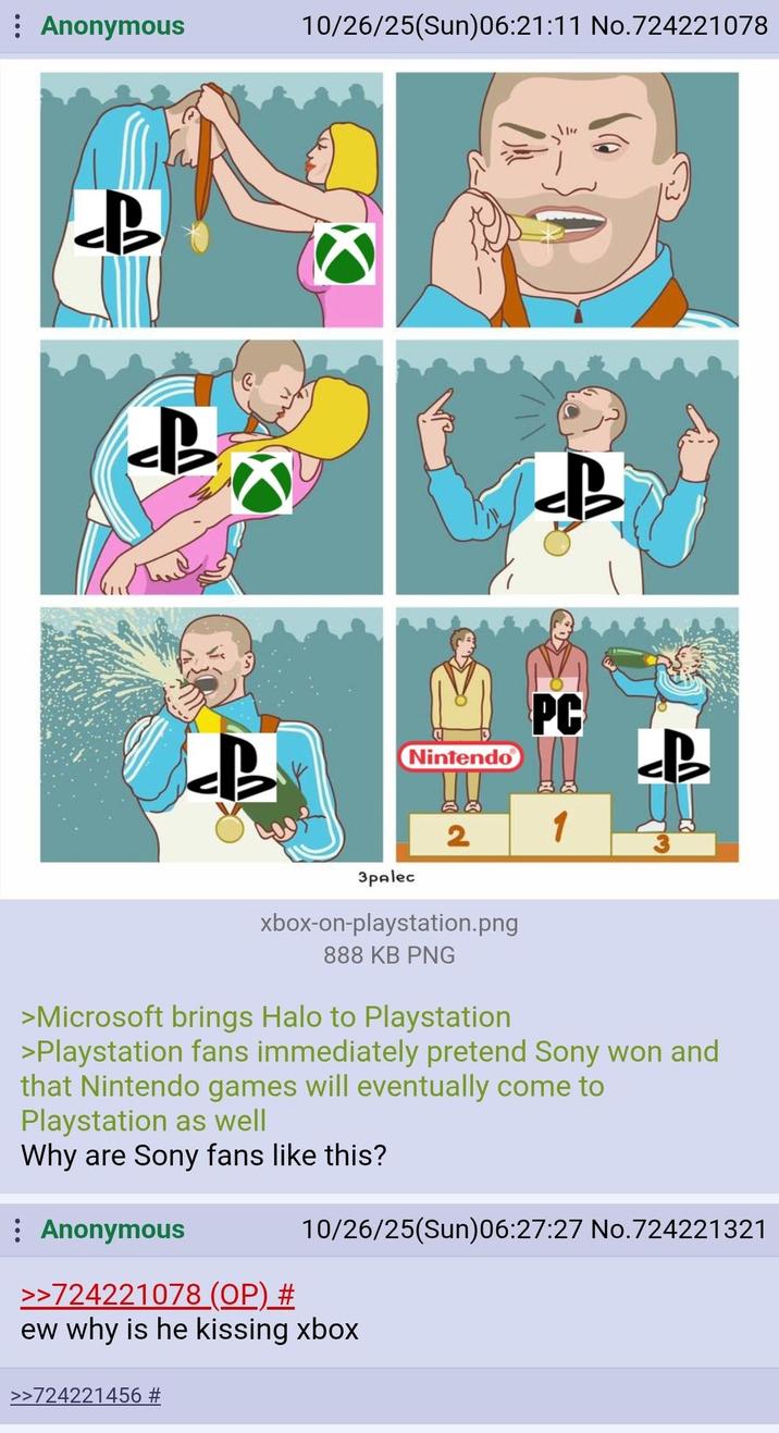 Anonymous 10/26/25(Sun)06:21:11 No.724221078 eB B Nintendo PC 2 1 3palec xbox-on-playstation.png 888 KB PNG >Microsoft brings Halo to Playstation >Playstation fans immediately pretend Sony won and that Nintendo games will eventually come to Playstation as well Why are Sony fans like this? : Anonymous >>724221078 (OP) # 10/26/25(Sun)06:27:27 No.724221321 ew why is he kissing xbox >>724221456 #