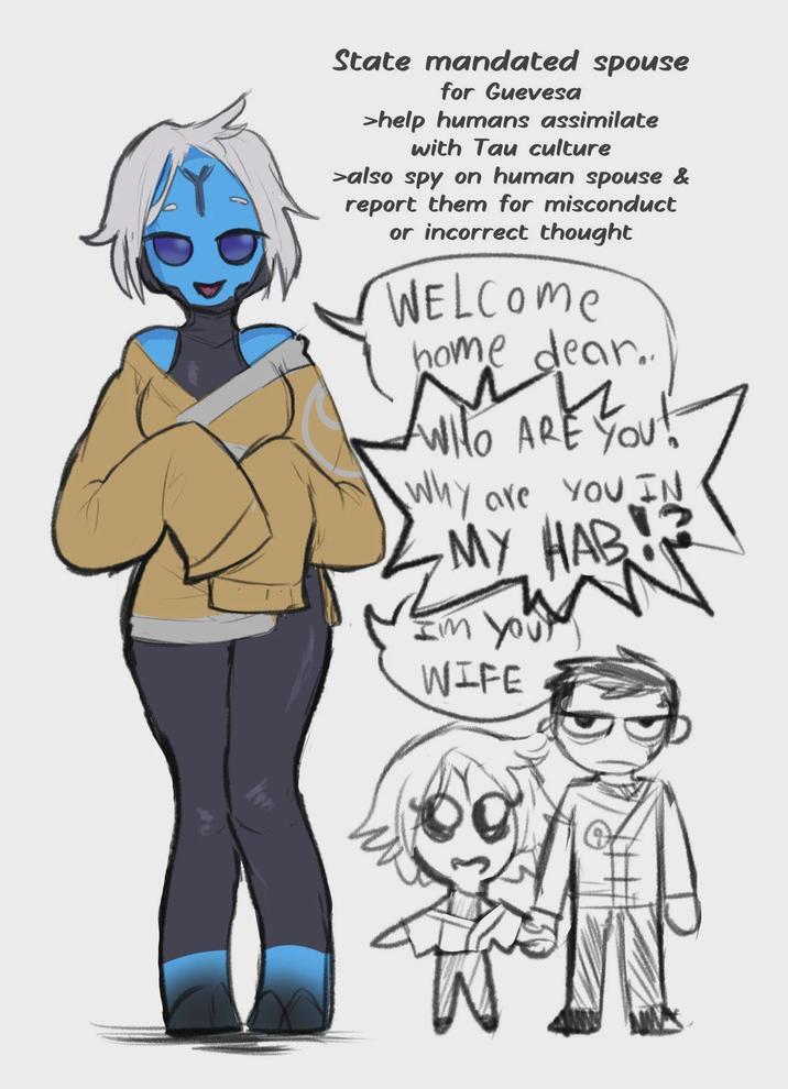 State mandated spouse for Guevesa >help humans assimilate with Tau culture >also spy on human spouse & report them for misconduct or incorrect thought WELCOME home dear... AVILO ARE YOU! Why are YOU IN MY HAB! I'M YOU! WIFE