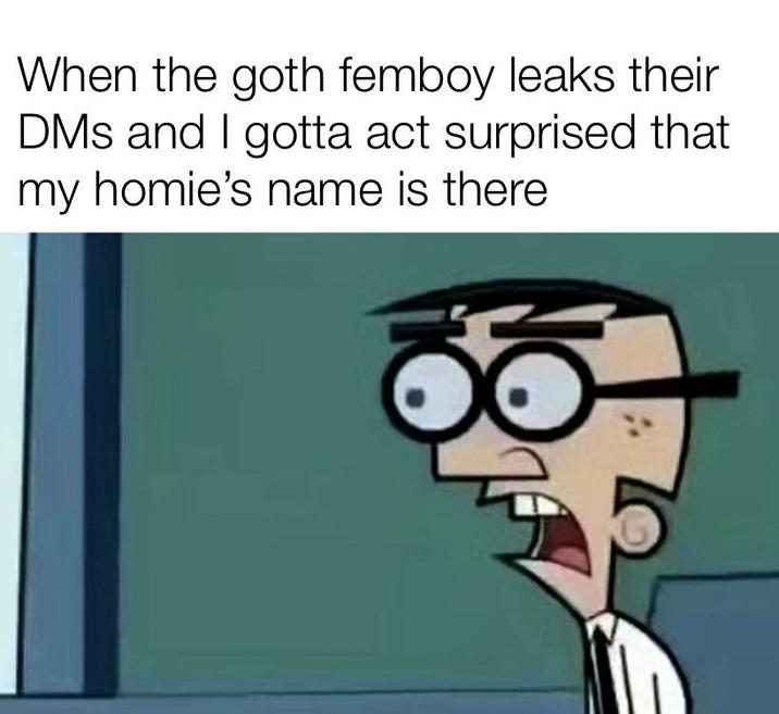 When the goth femboy leaks their DMs and I gotta act surprised that my homie's name is there