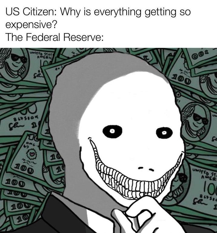 US Citizen: Why is everything getting so expensive? The Federal Reserve: UNITED STATE AMERIC 8675889 S 2 100 J UM Se OMC 10 UNITED STA AMER 100 867510 Σ 100 100 100 10