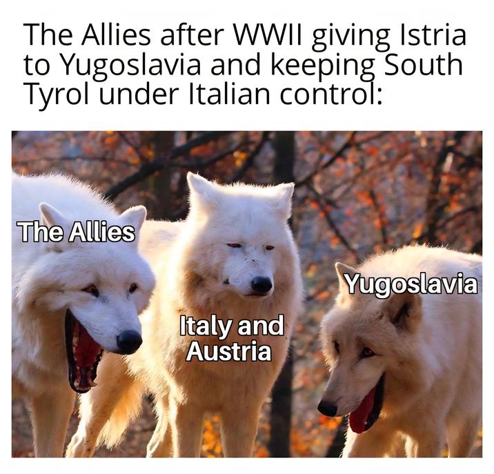 The Allies after WWII giving Istria to Yugoslavia and keeping South Tyrol under Italian control: The Allies Italy and Austria Yugoslavia