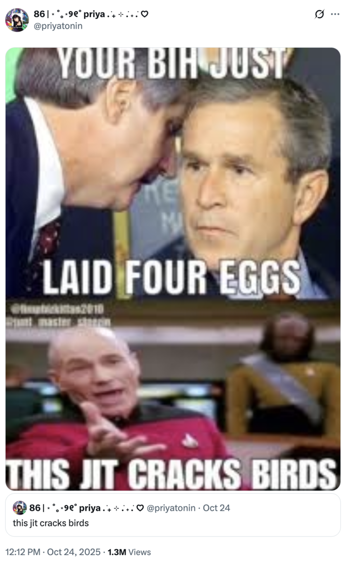 A "quote-tweet":https://knowyourmeme.com/memes/quote-retweets-qrts joking about the "catchphrase":https://knowyourmeme.com/memes/cultures/catchphrases "This Jit Cracks Birds."