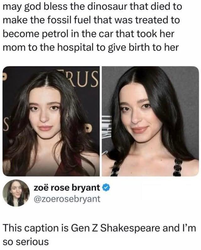 S may god bless the dinosaur that died to make the fossil fuel that was treated to become petrol in the car that took her mom to the hospital to give birth to her RUS zoë rose bryant @zoerosebryant This caption is Gen Z Shakespeare and I'm so serious