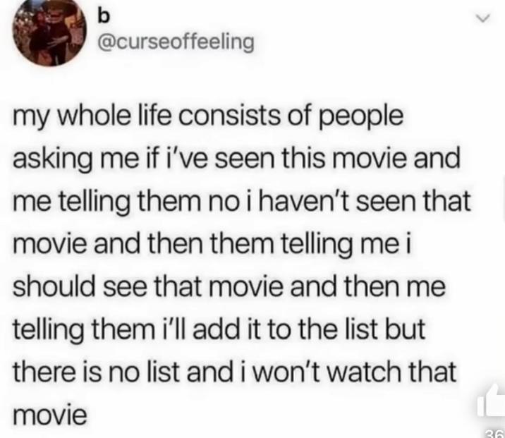 b @curseoffeeling my whole life consists of people asking me if i've seen this movie and me telling them no i haven't seen that movie and then them telling me i should see that movie and then me telling them i'll add it to the list but there is no list and i won't watch that movie 36