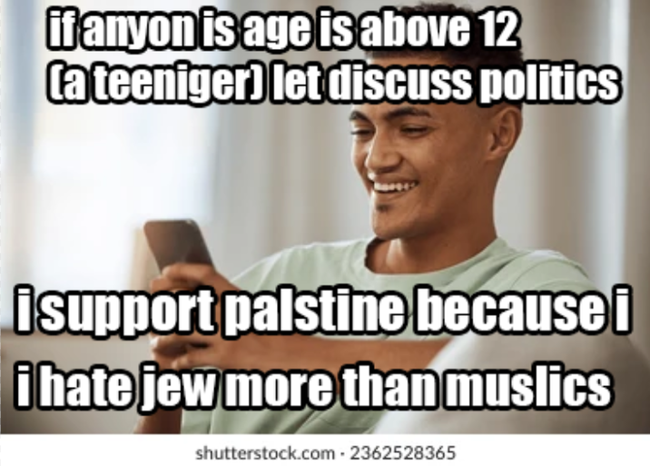 if anyon is age is above 12 (a teeniger) let discuss politics İsupport palstine because i i hate jew more than muslics shutterstock.com. 2362528365