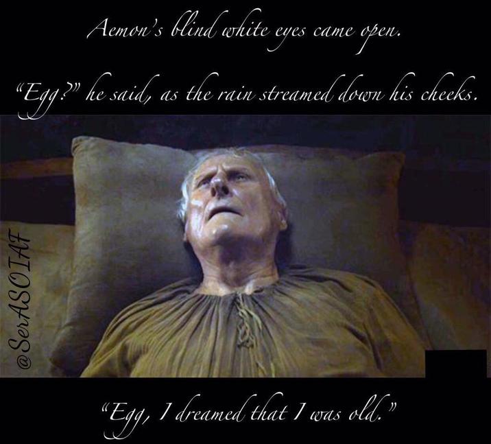 @SerASOIAF Aemon's blind white eyes came ope e open. “Egg?” he said, as the rain streamed down his cheeks. “Egg, I dreamed that I was old.”