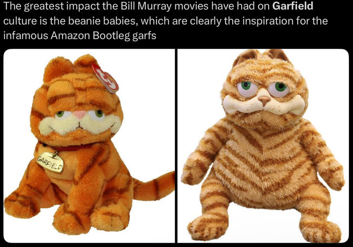 The greatest impact the Bill Murray movies have had on Garfield culture is the beanie babies, which are clearly the inspiration for the infamous Amazon Bootleg garfs GARFIELD