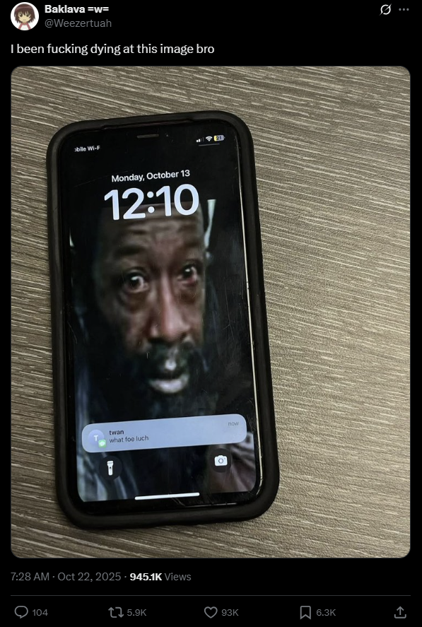 A Distraught Morgan Jones meme depicting actor Lennie James from _Fear the Walking Dead_, which was shared on Twitter / X in late October 2025.