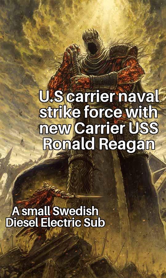 U.S carrier naval strike force with new Carrier USS Ronald Reagan A small Swedish Diesel Electric Sub