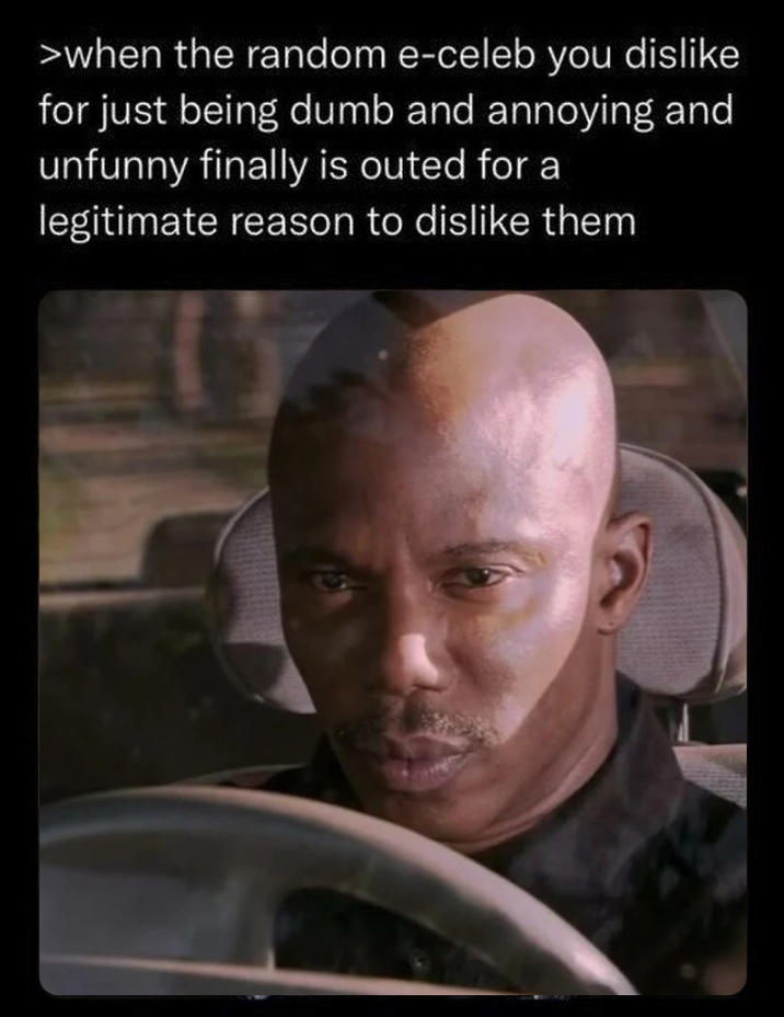 >when the random e-celeb you dislike for just being dumb and annoying and unfunny finally is outed for a legitimate reason to dislike them