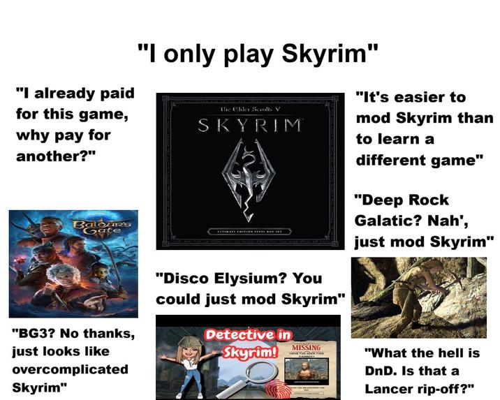 "I already paid for this game, why pay for another?" Baldur's Gate "BG3? No thanks, just looks like overcomplicated Skyrim" "I only play Skyrim" The Elder Scrolls V SKYRIM ULTIMATE EDITION VINYL BOX SET "Disco Elysium? You could just mod Skyrim" Detective in Skyrim! MISSING HAVE YOU SEEN THIS WARMER "It's easier to mod Skyrim than to learn a different game" "Deep Rock Galatic? Nah', just mod Skyrim" "What the hell is DnD. Is that a Lancer rip-off?"
