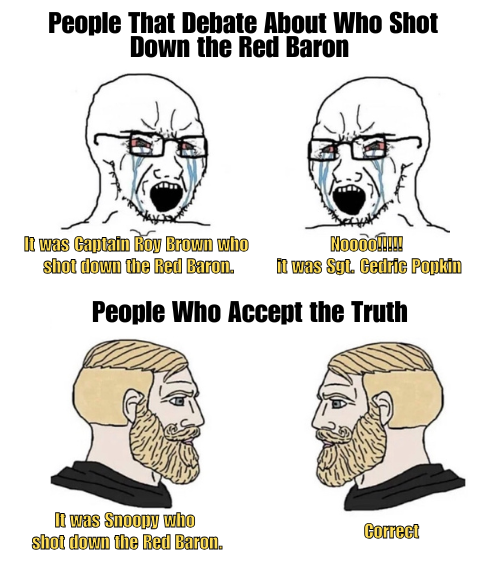 People That Debate About Who Shot Down the Red Baron It was Captain Roy Brown who shot down the Red Baron. Noooo!!!!! it was Sgt. Cedric Popkin People Who Accept the Truth It was Snoopy who shot down the Red Baron. Correct