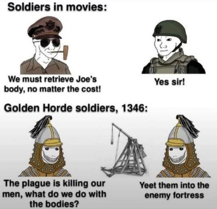 Soldiers in movies: We must retrieve Joe's body, no matter the cost! Golden Horde soldiers, 1346: Yes sir! The plague is killing our men, what do we do with the bodies? Yeet them into the enemy fortress