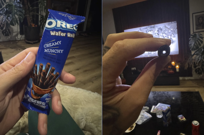 ORE Wafer Roll CREAMY MUNCHY NSX:07/03/25 2131 HSD:07/03/26 B0407 1969 weight: Image t purpose CHOCOL FLAN OREO SHOCOLATE WAFER ROLL LATE FLAVOREL