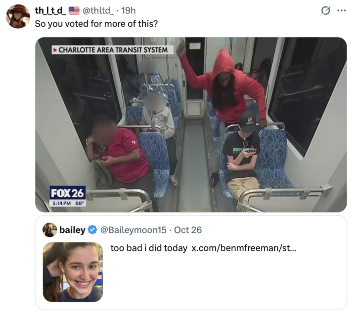 A "quote-tweet":https://knowyourmeme.com/memes/quote-retweets-qrts of Bailey Moon's post about voting for Democratic nominee "Zohran Mamdani":https://knowyourmeme.com/memes/people/zohran-mamdani in the 2025 New York City mayoral election, referencing the "Decarlos Brown Iryna Zarutska Stabbing":https://knowyourmeme.com/memes/events/decarlos-brown-iryna-zarutska-stabbing.