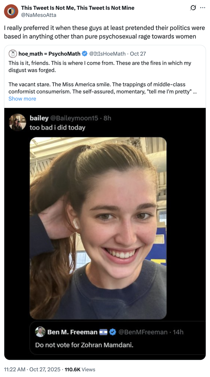 A "quote-tweet":https://knowyourmeme.com/memes/quote-retweets-qrts of @ItIsHoeMath's quote-tweet of Bailey Moon's "Zohran Mamdani":https://knowyourmeme.com/memes/people/zohran-mamdani post, calling @ItIsHoeMath a "Chud":https://knowyourmeme.com/memes/chud.