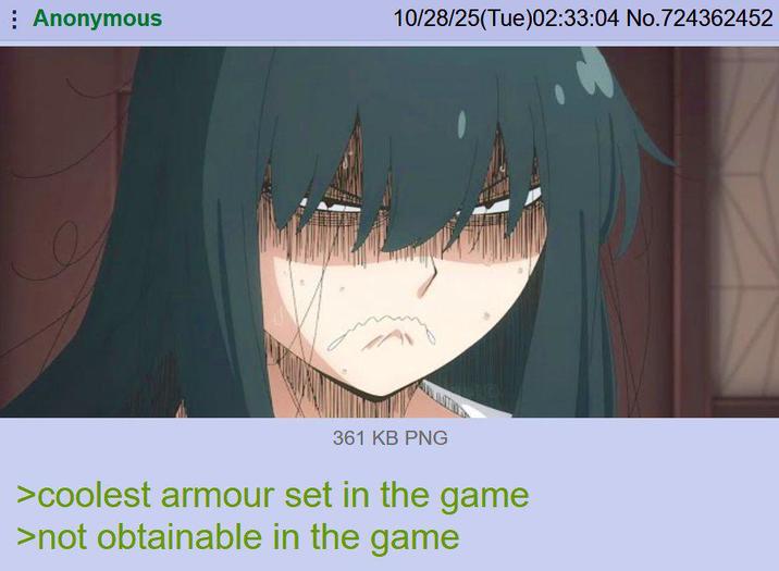 Anonymous 10/28/25(Tue)02:33:04 No.724362452 361 KB PNG >coolest armour set in the game >not obtainable in the game