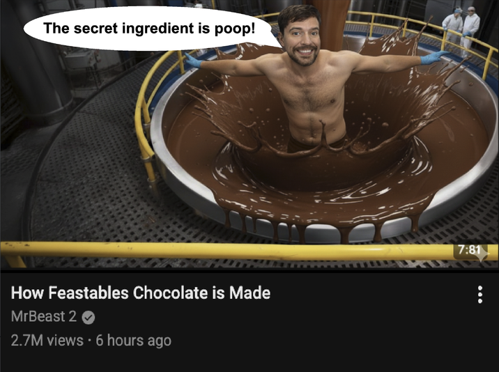 The secret ingredient is poop! How Feastables Chocolate is Made MrBeast 2 ✔ 2.7M views • 6 hours ago 7:81