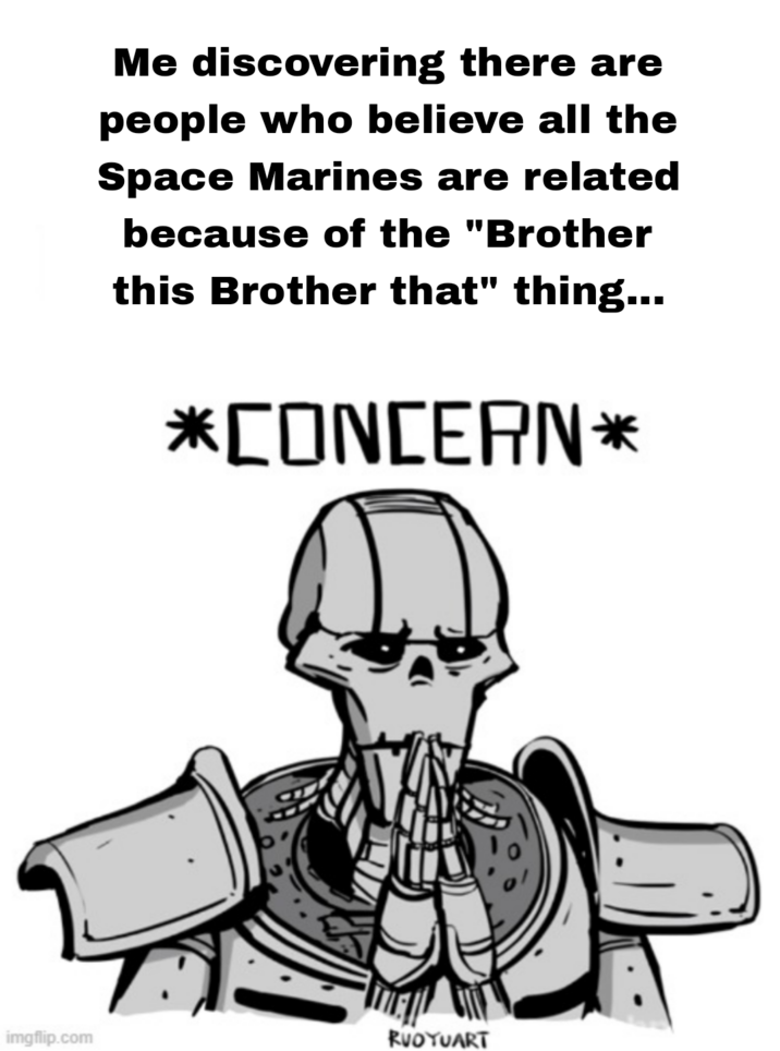 imgflip.com Me discovering there are people who believe all the Space Marines are related because of the "Brother this Brother that" thing... *CONCERN* RUOYUART
