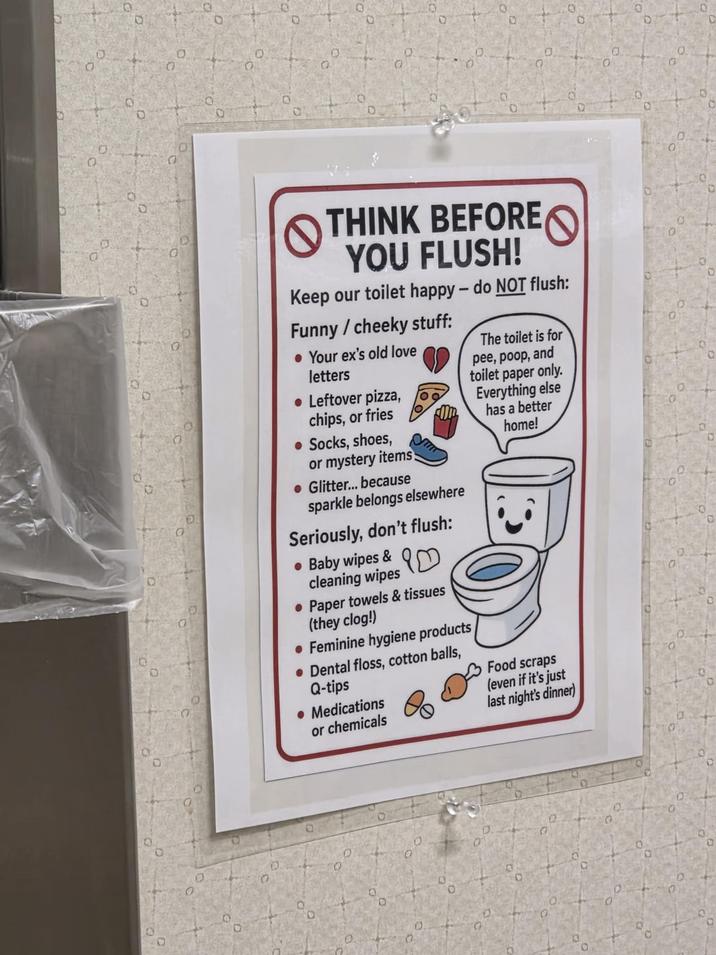 D D D D 0 0 0 THINK BEFORE YOU FLUSH! Keep our toilet happy - do NOT flush: Funny/cheeky stuff: • Your ex's old love letters • Leftover pizza, chips, or fries • Socks, shoes, or mystery items Glitter... because sparkle belongs elsewhere Seriously, don't flush: • Baby wipes & cleaning wipes Paper towels & tissues (they clog!) •Feminine hygiene products Dental floss, cotton balls, Q-tips • Medications or chemicals The toilet is for pee, poop, and toilet paper only. Everything else has a better home! Food scraps (even if it's just last night's dinner) 00 0 D Ο
