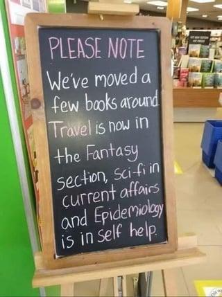 PLEASE NOTE We've moved a few books around Travel is now in the Fantasy section, Sci-fi in current affairs and Epidemiology is in Self help