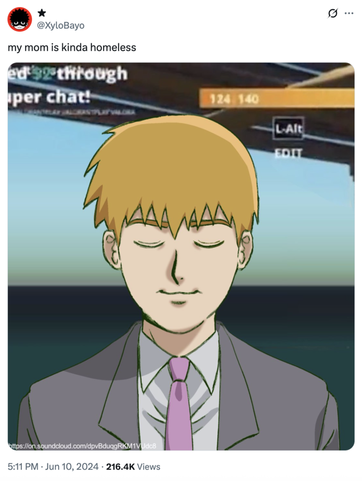 Arataka Reigen redraw A "redraw":https://knowyourmeme.com/memes/redraw of "IShowSpeed":https://knowyourmeme.com/memes/people/ishowspeed in the My Mom is Kinda Homeless clip, showing "_Mob Psycho 100_":https://knowyourmeme.com/memes/subcultures/mob-psycho-100 character Arataka Reigen.