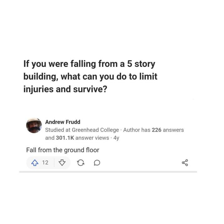 If you were falling from a 5 story building, what can you do to limit injuries and survive? Andrew Frudd Studied at Greenhead College Author has 226 answers and 301.1K answer views • 4y Fall from the ground floor 12 80