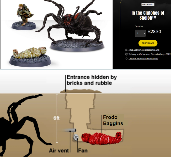 6ft Entrance hidden by bricks and rubble Air vent Fan Frodo Baggins ONLINE ONLY In the Clutches of Shelob™M Quantity £28.50 ADD TO CART FREE Delivery for orders over £40 Delivery to Warhammer Stores is Always FREE Lifetime Returns and Exchanges