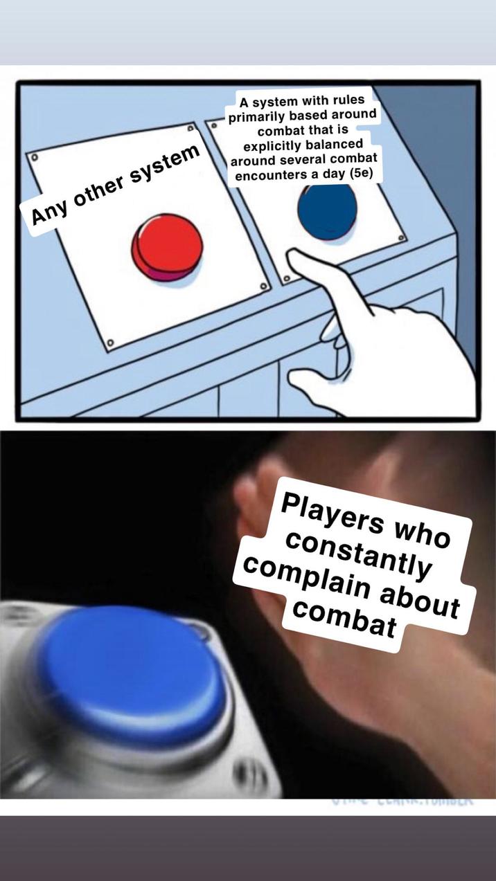 Any other system A system with rules primarily based around combat that is explicitly balanced around several combat encounters a day (5e) Players who constantly complain about combat VING CERDINATULIOLIS