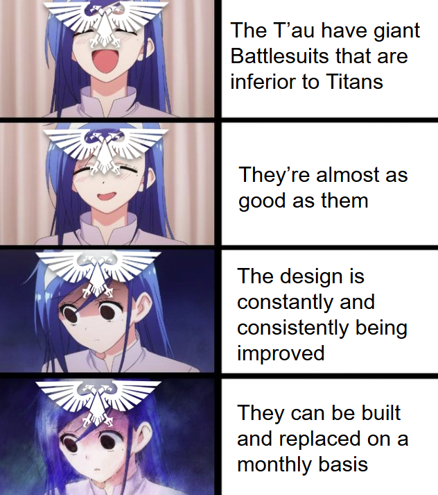 The T'au have giant Battlesuits that are inferior to Titans They're almost as good as them The design is constantly and consistently being improved They can be built and replaced on a monthly basis