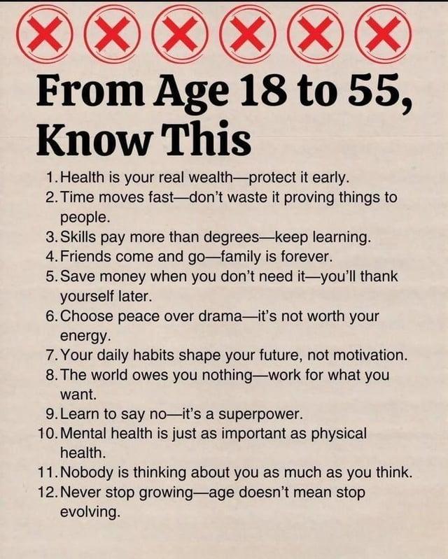 ☑ ☑ From Age 18 to 55, Know This 1. Health is your real wealth-protect it early. 2. Time moves fast-don't waste it proving things to people. 3. Skills pay more than degrees-keep learning. 4. Friends come and go-family is forever. 5. Save money when you don't need it-you'll thank yourself later. 6. Choose peace over drama-it's not worth your energy. 7. Your daily habits shape your future, not motivation. 8. The world owes you nothing-work for what you want. 9. Learn to say no-it's a superpower. 10. Mental health is just as important as physical health. 11. Nobody is thinking about you as much as you think. 12. Never stop growing-age doesn't mean stop evolving.