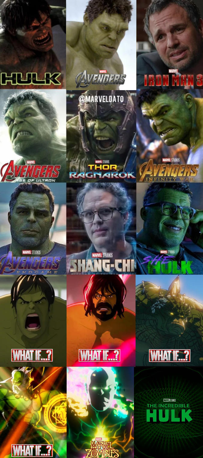 MARVEL HULK AVENGERS IRON MAN S @MARVELDATO MARVEL AVENGERS GE OF ULTRON MARVEL STUDIOS THOR RAGNAROK MARVEL STUDIOS AVENGERS INFINITY WAR MARVEL STUDIOS MARVEL STUDIOS STUDIOS AVENGERS SHANG-CHOLK WHAT IF...? WHAT IF...? WHAT IF...? WHAT IF...? MARVEL MARVEL ZOMBIES MARVEL STUDIOS THE INCREDIBLE HULK