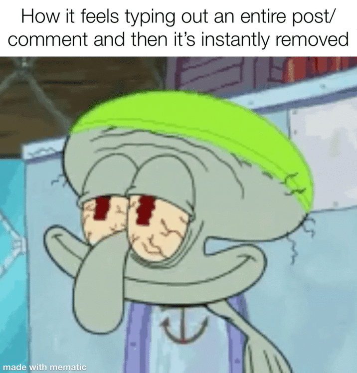 How it feels typing out an entire post/ comment and then it's instantly removed made with mematic