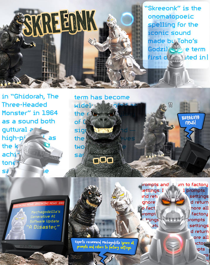 SKREEONK “Skreeonk” is the onomatopoeic spelling for the iconic sound made by Toho's Godzil e term First ofted in in "Ghidorah, The Three-Headed Monster" in 1964 as a sound both guttural ? term has become widel ?? the of C sign wwwd eves as the two sa high-pi the k achi tone e sa BREAKING NEWS BREAKING NEWS BRE Mechagodzilla's Generative AI Software Update "A Disaster," B 000 Experts recommend Mechagodzilla ignore all prompts and return to factory settings. BREAKING news! prompts and settings. I and reti gnore o fact prompt ++ings etu urn to factory 1 prompts settings d return nore all factory prompts settings. d return ore all cto pts S L