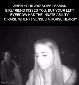 WHEN YOUR AWESOME LESBIAN GIRLFRIEND KISSES YOU, BUT YOUR LEFT EYEBROW HAS THE INNATE ABILITY TO RAISE WHEN IT SENSES A HORSE NEARBY imgflip.com