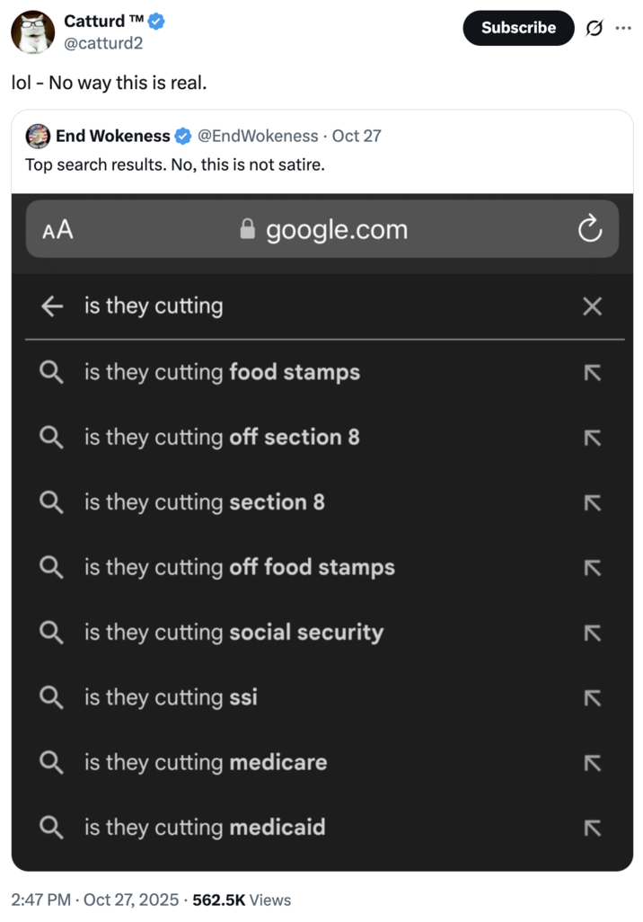 A "quote-tweet":https://knowyourmeme.com/memes/quote-retweets-qrts from X user "Catturd":https://knowyourmeme.com/memes/people/catturd about the Is They Cutting "meme":https://knowyourmeme.com/memes/memes.