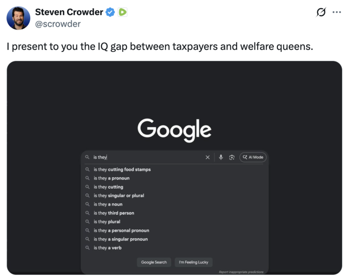 A "quote-tweet":https://knowyourmeme.com/memes/quote-retweets-qrts from "Steven Crowder":https://knowyourmeme.com/memes/people/steven-crowder about the Is They Cutting "meme":https://knowyourmeme.com/memes/memes.