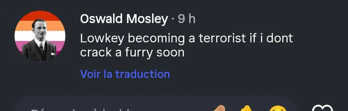 Oswald Mosley.9 h Lowkey becoming a terrorist if i dont crack a furry soon Voir la traduction