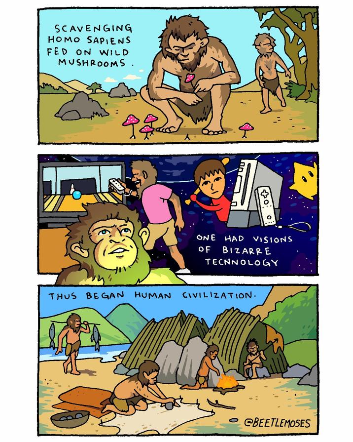 SCAVENGING H--- SAPIENS FED ON WILD MUSHROOMS. 982 人。 00: ONE HAD VISIons OF Bizarre TECNNOLOGY THUS BEGAN HUMAN CIVILIZATION. @BEETLEMOSES